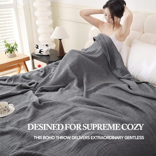 Boho Throw Blanket, 100% Cotton Ultra Soft Luxury Throw Rustic Quilt, Muslin Breathable Soft Bed Throw ，All Throw for Sofa Couch Chair 60×80 Inch (Grey Blanket, 60x80 Inch) - color: Grey, size: 60x80 Inch
