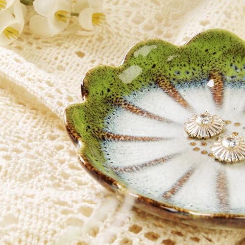 Lotus Ring Holder Dish Small Indoor Ash Tray, Ceramic Dessert Plate Trinket Jewelry Holder Organizing Necklace Earrings for Parents Friends Sister, All Jewelries Are NOT Included. Grass Green. - color: Grass Green-Round