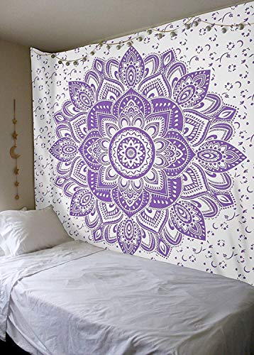 Bhagyashri Fashions Indian Mandala Cotton Purple White Queen Ombre Tapestry Bedspread Wall Hanging Art Bed Picnic Beach Throw Blanket Hippie Boho Tapestries 84x90 Inches