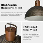 Large Pendant Light Fixtures, 15.7 Inch Vintage Wood Dome Chandelier Lamp, Hammered Matte Brushed Metal Pendant Lamp, Mid Century Gold Ceiling Hanging Light for Dining Room, Living Room Kitchen Island