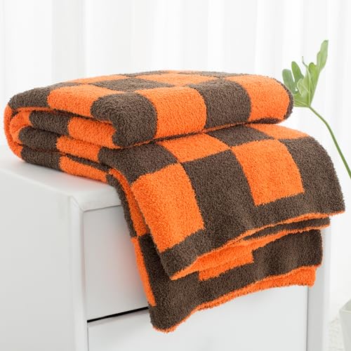 Carriediosa Checkered Throw Blanket 50" X 60", 400GSM Ultra Soft Microfiber Fuzzy Fluffy Reversible Cute Preppy Knitted Blankets Cozy Plush Fall Throws for Couch, Bed, Sofa, Burnt Orange - color: Check - Orange and Brown, size: 50" X 60"