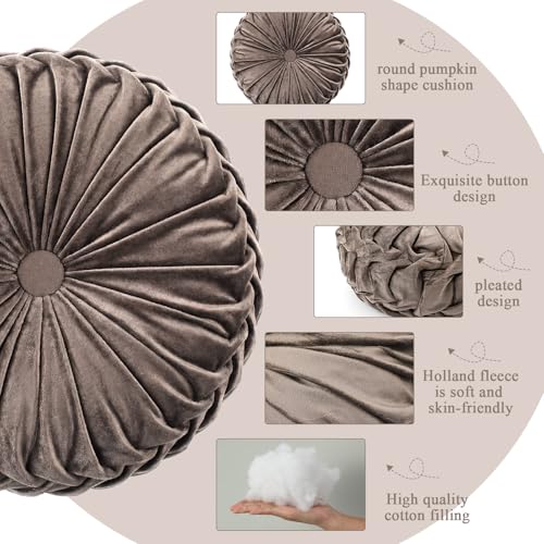 Drydiet 1 Pcs Round Throw Velvet Pillows Decorative Pleated Throw Pillows Diameter Accent Pumpkin Boho Chair Cushion for Couch Sofa Home Decoration (Taupe,15'') - color: Taupe, size: 15''