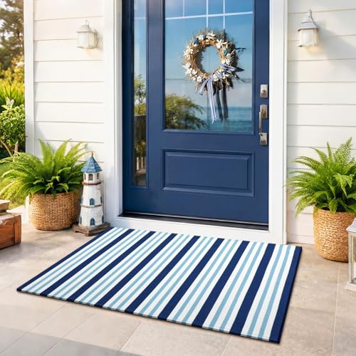 Moucuny Blue and White Striped Rug, 2'4'' x 3'7'' Coastal Navigation Theme Summer Rug Outdoor Front Porch Door Mat Welcome Layering Rustic Washable Doormat for Entryway Farmhouse Decor - color: Navy White Blue, size: 2'4'' X 3'7'', style: Vertical Stripe