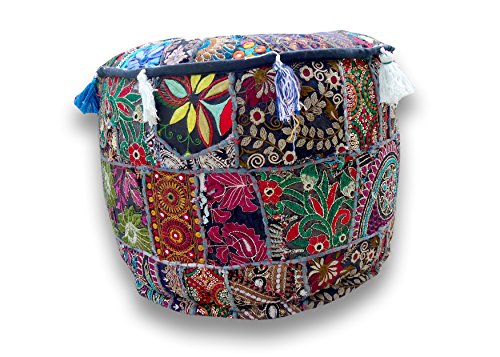 The Harry Creations Decorative Patchwork Comfortable Indian Ottoman Ethnic Cotton Cushion Bean Bag Designs Floor Embroidered Pouf Cover (Blue, 14"x22") - color: Blue, size: 14"x22"