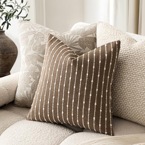 Foindtower Pack of 2 Decorative Jacquard Boucle Throw Pillow Covers Accent Textured Striped Pillowcases Soft Boho Modern Cushion for Couch Sofa Bedroom Living Room Home Decor 22x22 Inch Brown - color: Brown, size: 22" x 22" (Pack of 2)