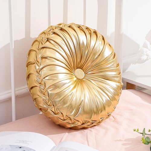 Drydiet 1 Pcs Round Throw Velvet Pillows Decorative Pleated Throw Pillows Diameter Accent Pumpkin Boho Chair Cushion for Couch Sofa Home Decoration (Gold,15'') - color: Gold, size: 15''