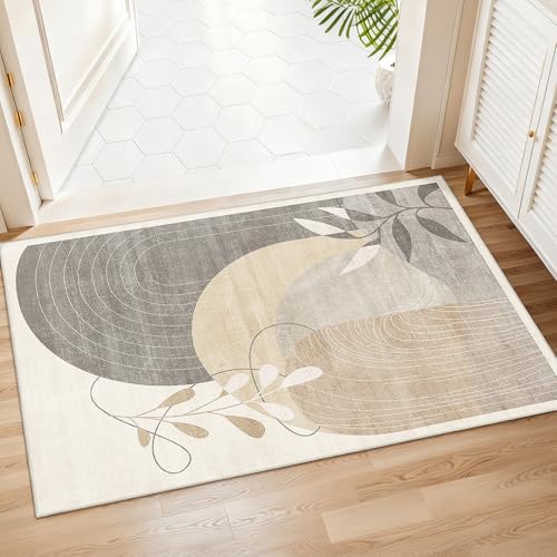 MUJOO 2x3 Washable Rug Small Area Rugs for Entryway Kitchen Bedroom,Boho Non Slip Throw Carpet for Bathroom Entrance Door Mat Mid Century Modern Abstract Botanical Geometric Accent Neutral Beige - color: Beige（modern）, size: 2' x 3' (Rectangular)