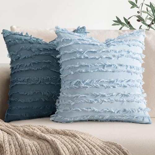 MIULEE Set of 2 Decorative Boho Throw Pillow Covers Linen Striped Jacquard Pattern Summer Cushion Covers for Sofa Couch Living Room Bedroom 16x16 Inch Light Blue - color: Light Blue, size: 16" x 16" (Pack of 2)