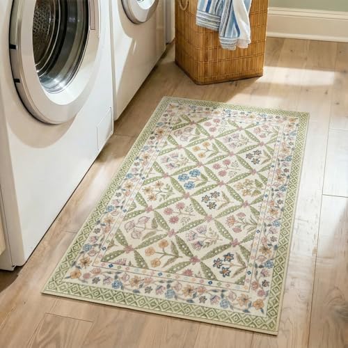 jinchan Haden Entryway Rug 2x3 Vintage Floral Washable Rug for Entrance Soft Non-Slip Low Pile Door Mat for Doorway Kitchen Bathroom Small Carpet Cottage Indoor Decor Sage Green - color: Sage Green, size: 2' x 3' (Rectangular)