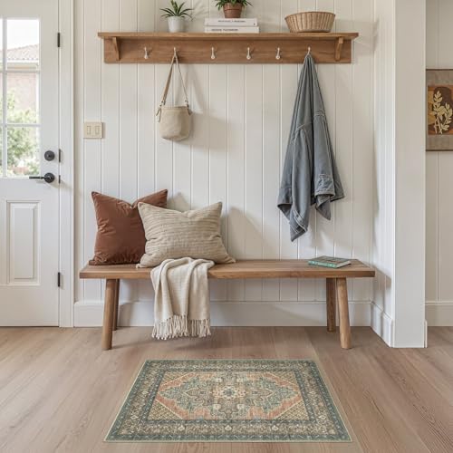 Tortania Area Rug 2x3 Doormat - Washable Vintage Oriental Farmhouse Soft Thin Indoor Carpet for Living Room Bedroom Hallway Entryway Kitchen - Sage Terracotta - color: Sage Terracotta, size: 2' x 3' (Rectangular)