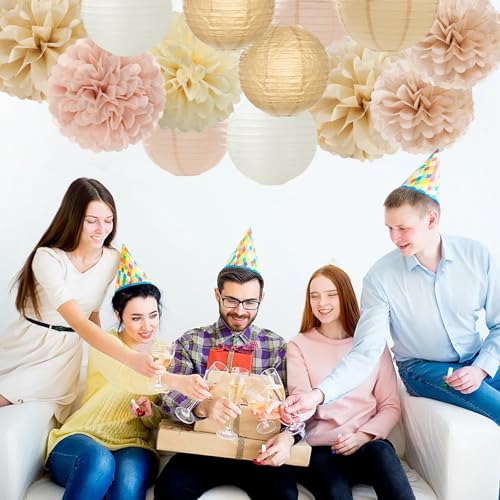 Champagne-Gold White Party-Decorations Paper-Flowers Lanterns - 15PCS Boho Fall Rustic Tissue Pom Poms Streamers,Wedding Baby Bridal Shower Neutral Autumn Birthday Hanging Supplies Decor Hugfond - color: Khaki Champagne