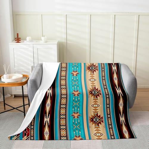 Aztec Flannel Fleece Blanket, Ethnic Tribal Arrow Throw Blanket, Retro Southwestern Native Bohemian Fuzzy Blanket 40"X50", Western Star Geometric Sherpa Blanket Home Dorm Decor, Teal Blue Brown - color: Multi 07, size: 40*50