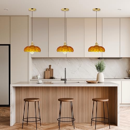 Hardwired Pendant Light Fixture, Hanging Light Fixture, Glass Shade Pendant Light with Rotary Switch, Modern Lamp for Kitchen Island, Bedroom, Dining Room, Living Room (Orange, 6 Ft Cord) - color: Orange, size: 6 ft