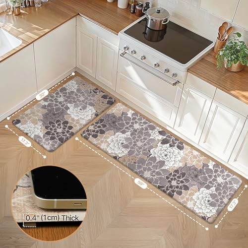 GENIMO Kitchen Mats for Floor, Kitchen Rugs Non Slip Washable Sets of 2, Waterproof Cushioned Anti Fatigue Mat, Floral Runner Rug for Laundry, Sink, Office, Home, 17.3"x59"+17.3"x30", Coffee Brown - color: Coffee&brown, size: 17.3"x59"+17.3"x30"