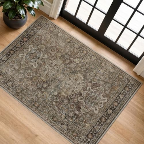 Bavni Washable Entry Rug 2x3, Machine Washable Non Slip Door Mat Rugs for Entryway Kitchen Bathroom Rug, Vintage Print Low Pile Small Indoor Carpet for Front Door Hallway Laundry Brown - color: Brown, size: 2' x 3' (Rectangular)