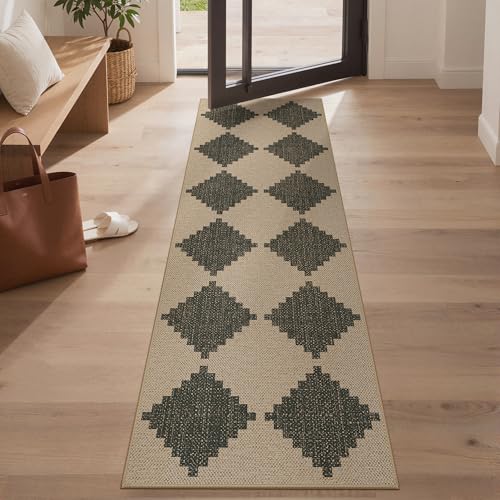 Bavni Checkered Easy Jute Rug,2x6 Runner Rug Machine Washable Non Slip Woven Plaid Carpet, Geometric Diamond Non Shedding Low Pile Modern Farmhouse Hallway Runner for Kitchen, Laundry, Corridor - color: Checkered-3, size: 2X6
