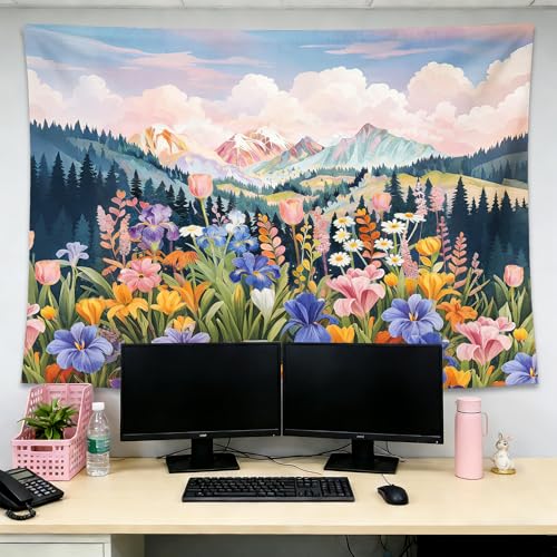 gsgfdshf Colorful Wildflower Mountain Wall Tapestry, Spring Floral Forest Nature Landscape Aesthetic Tapestry Wall Hanging for Bedroom Living Room Home Decor, 50x60 Inch - color: Landscape Text-Tapestry-I