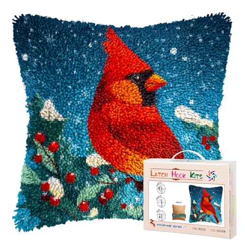 Cardinal Bird on Christmas Red Flower Latch Hook Pillow Kits for Adults DIY Pillow Cover Printed Pillowcase Crochet Yarns Hooking Handmade Cushion for Home Sofa Decor 17x17inch(4) - color: 05-Red Cardinal