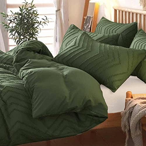 Nanko Olive Green Duvet Cover Full Size, 3pc Boho Tufted Microfiber Bedding Comforter Cover Set, All Season Aesthetic Shabby Chic Soft Embroidery Textured Geometric Quilt Cover (80x90) - color: Cover(not Comforter)-olive Green Tufted, size: Full