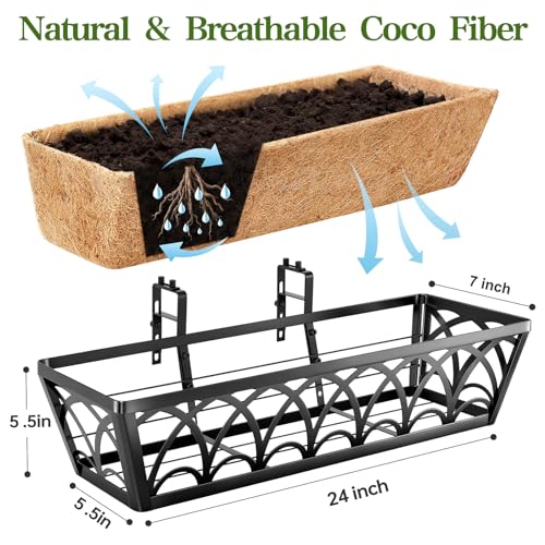 24 Inch Railing Planter Box Window Boxes Planters - 2 Pack Deck Railing Planter Boxes with Adjustable Brackets Coco Liners Balcony Planters Railing Hanging for Window Flower Boxes Outdoor Garden Decor - size: 24 Inch