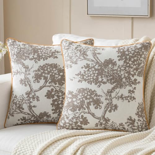 Mantle & Mason Floral 18x18 Throw Pillow Covers Set of 2, French Vintage Woven Jacquard Decorative Accent Pillow Cases for Couch, 430GSM Thick Chenille & Luxury Velvet, Beige - color: Tree Pattern Beige, size: 18" x 18" (Pack of 2)