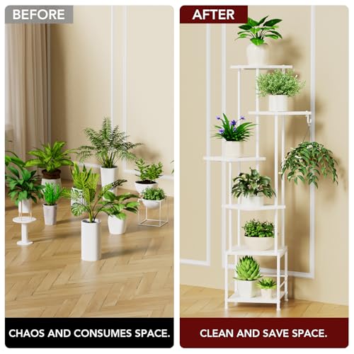 Homsorout Plant Stand Indoor with Grow Light - 6-Tier Metal Plant Shelf with Hanging Basket Hook, Corner Tall Flower Holder for Multiple Plants, Living Room Balcony Garden Patio, White - color: White, size: 6-Tier