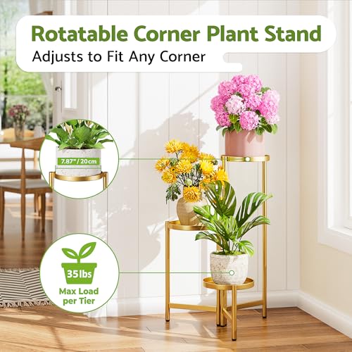3 Tier Gold Plant Stand Indoor with 7.9 Inch Wide Tray, 3-Tiered Corner Metal Outdoor Flower Holder Stand, Folding Tall Rack for Display Shelf for Patio Porch Balcony - GoldDisk - color: GoldDisk, size: 3-tiers