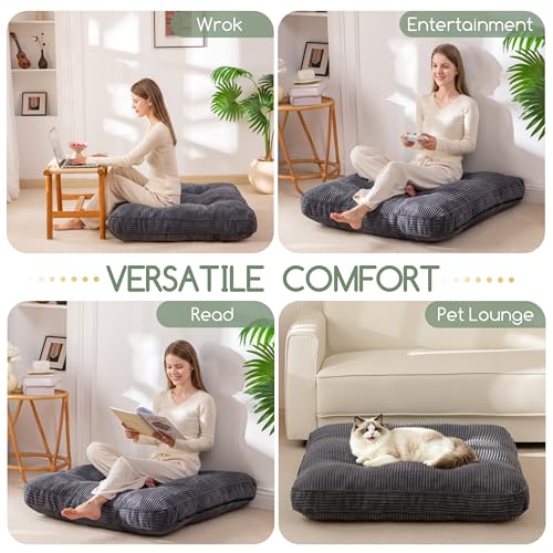 HIGOGOGO 35" Floor Pillow Cushion for Adults, Meditation Cushion Pillow, Extra Large Square Floor Sitting, Tufted Corduroy Cover for Tatami Living Room or Yoga, Dark Grey - color: Dark Grey, size: 4" Thick Square