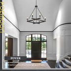 Rustic Black Farmhouse L45'' Wood Chandelier Unique Square 6-Light Candle Long Ceiling Pendant Lighting for Kitchen Living Dining Room Foyer Bedroom High Ceiling,E12 - color: Black, size: 45 inches