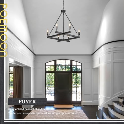 Rustic Black Farmhouse L45'' Wood Chandelier Unique Square 6-Light Candle Long Ceiling Pendant Lighting for Kitchen Living Dining Room Foyer Bedroom High Ceiling,E12 - color: Black, size: 45 inches