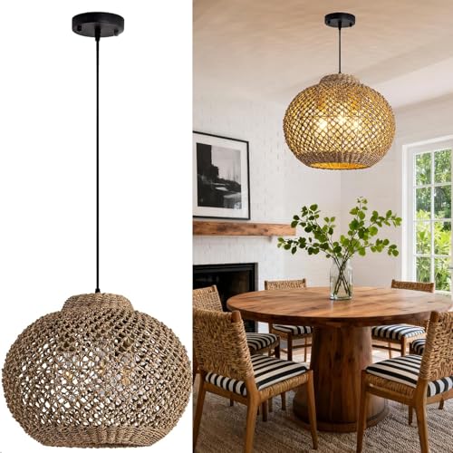 17" Farmhouse Rattan Chandelier 3-Lights Large Natural Wicker Pendant Light Boho Round Hand-Woven Seagrass Dining Room Lighting Fixture for Living Room Entry Bedroom Cafe Kitchen Island - color: Brown-17"-3-lights