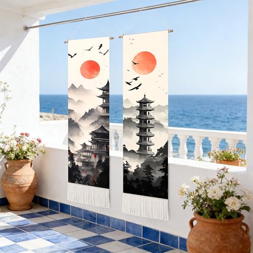 seewan 2 Pack Long Vertical Wall Tapestry, Boho Nature Landscape & Floral Aesthetic Wall Hanging for Bedroom Living Room Home Decor, Long Narrow Art Tapestry with Sunrise Mountain Botanical Designs, 13" × 51" (Zen Pagoda Twilight, 13"Wx51"H, Unframed) - c