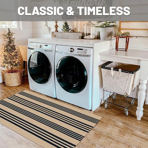 IOHOUZE Black and Tan Striped Rug 2.3'x3.6' Front Door Rugs Outdoor, Small Washable Area Rug for Front Porch, Spring Summer Welcome Mats Outdoor Indoor, Doormat for Entryway Porch Entrance - color: Black and Tan Stripe, size: 2'4" x 3'8" (Rectangular)