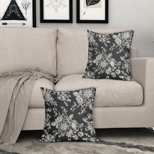 Kawani Vintage Floral Pillow Covers 18x18 Inch Set of 2 Black Floral Outdoor Decorative Throw Pillows Chinoiserie Flower Pillowcases Rustic Farmhouse Cushion Covers for Couch Home Decor - color: Black Floral, size: 18" x 18" (Pack of 2)