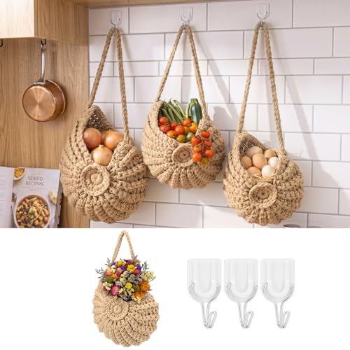 Qinyoung 3 Pack Boho Decor Hanging Wall Baskets for Kitchen Conch Baskets with Hooks Boho Conch Hanging Wall Kitchen Storage for Fruits Vegetables Onions Potatoes