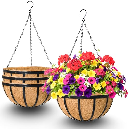 4 Pack 12 Inch Hanging Baskets for Plants Outdoor Metal Hanging Planters Round Hanging Flower Pots with Coco Coir Liner Plant Holder for Outdoor Patio Garden Balcony Decor - Flat Iron - color: Flat Iron