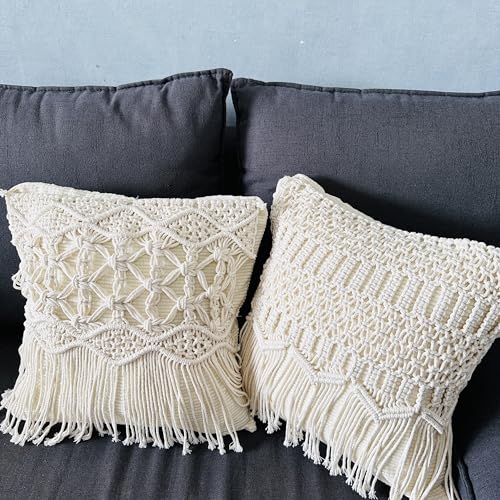kiido Throw Pillow Covers Macrame Cushion Case Woven Boho Comfy Square Pillow Cases with Tassels Set of 2 Decorative Pillowcase (17X17) AB Style-Wave