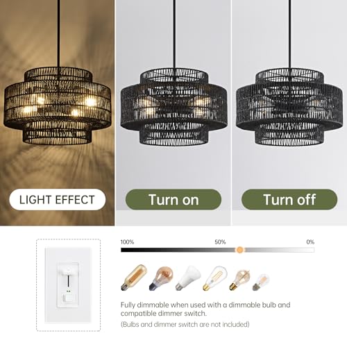 4-Light Black Boho Rattan Chandelier Light Fixture, 17.7” Hand Woven Rustic Chandeliers Farmhouse Chandelier Hanging Light for Dining Room Kitchen Island, Living Room, Foyer - color: Black, size: 17.7" 4-Light