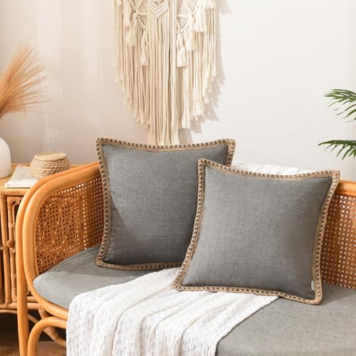 Set of 2 Farmhouse Throw Pillow Covers - Burlap Linen Trimmed Tailored Edges Decorative Cushion Covers for Bed Home Outdoor Decoration (2 Pieces, 22" x22", Grey 3/ Linen Band) - color: Grey, size: 22" x 22" (Pack of 2)