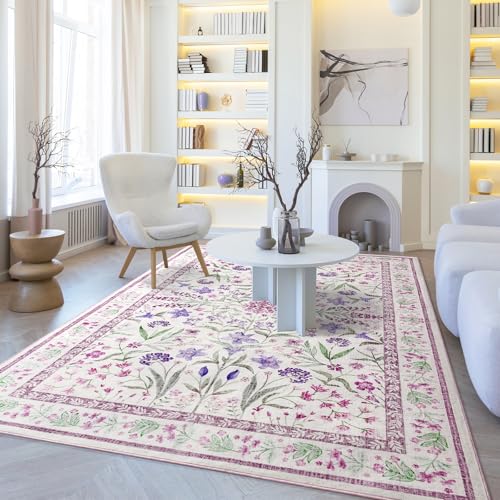 Amearea 6x9 Feet Floral Area Rugs for Living Room, Purple Rugs for Bedroom Girls, Cute Kids Room Print Carpet Vintage Low Pile Machine Washable Area Rugs, Office Nursery Dining Room Farmhouse Decor - color: Purple, size: 6x9 Feet