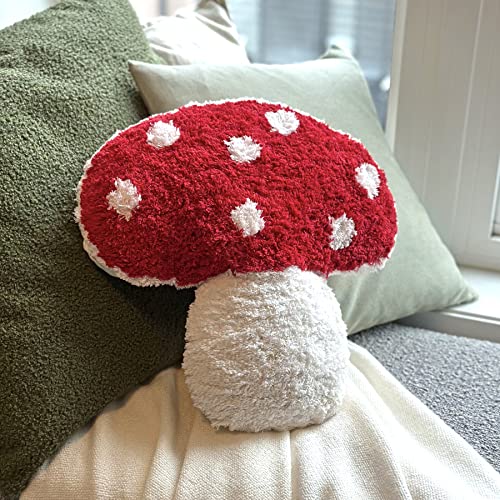 Mushroom Throw Pillow Tufted Shape Decorative Cushion 15” x 15” – Decor for Bed, Couch, Living Room (Red) - color: Red