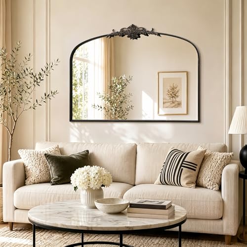 Besdomus Antique Arched Large Mirror: 55"x36" French Black Arch Antique Vanity Mirror - Overmax Decorative Baroque Traditional Ornate for New Home Decor - Idea for Living Room/Fireplace/Bathroom - color: Black, size: 36"L x 55"W