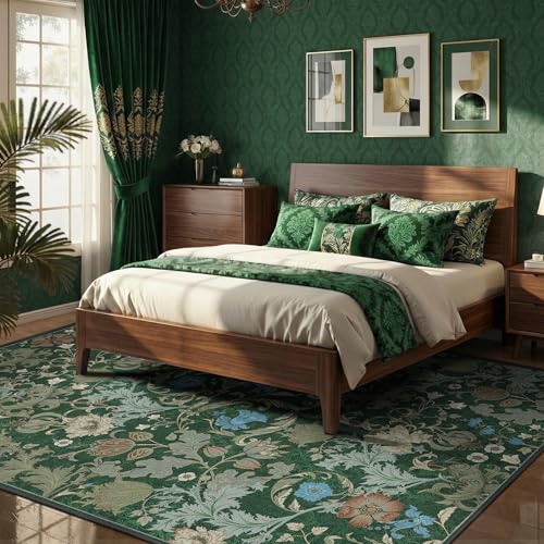 Forest Green Floral Area Rug 5x7 for Living Room, Washable Vintage Farmhouse Botanical Rug, Non Slip Low Pile Thin Floor Carpet, Soft Decorative Rug for Bedroom Dining Room Home Office - color: Green, size: 5'x7'