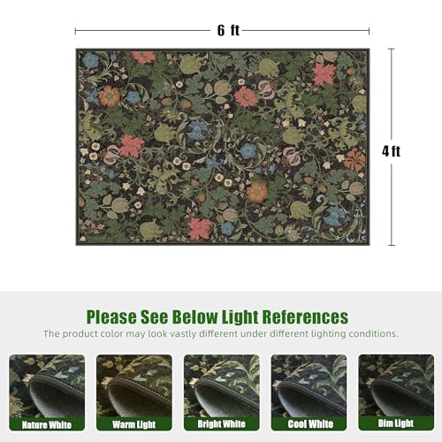 Deerly Washable Floral Area Rug 4x6 for Living Room, Vintage Farmhouse Botanical Rug, Non Slip Low Pile Thin Floor Decorative Soft Accent Rug for Bedroom Playroom Home Office Black Green - color: Black, size: 4'x6'