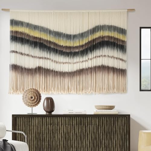 Macrame Wall Hanging Boho Chic Wall Art Macrame Wall Decor Fiber Yarn Tapestry Dip-Dye Living Room Home Bedroom Wall Decor 57" Wx 35" L - color: Coffee Yellow