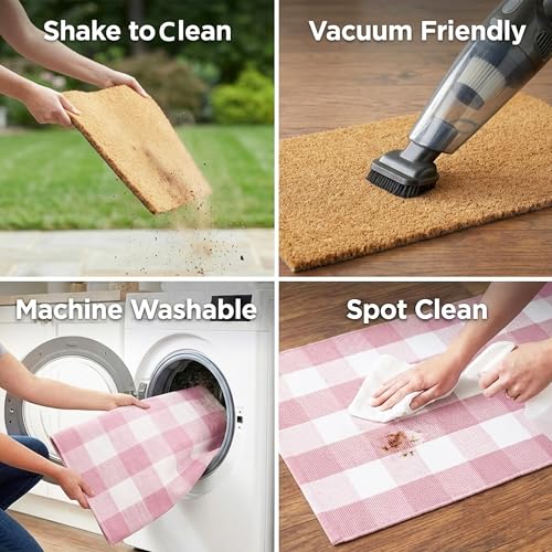 Bee Happy Layered Doormat Set, Spring Door Mat with Printed Coir Welcome Mat and Plaid Layering Rug, Farmhouse Front Door Entryway Decorative Porch Mat (Pink, 2'4" x 3'7") - color: Pink, size: 3'7" x 2'4" (Rectangular)