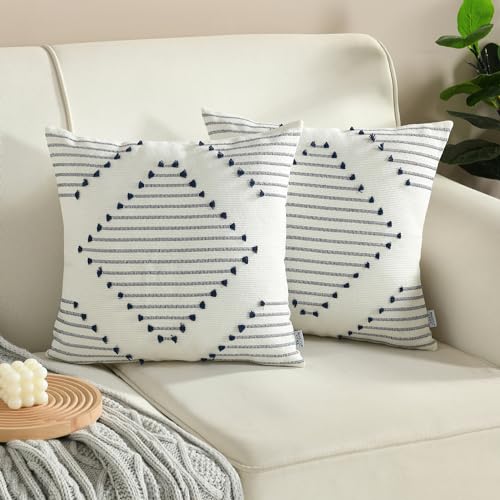 Boho Throw Pillow Covers 18x18 Set of 2, Outdoor Pillow Covers for Couch Farmhouse Decorative Accent Pillowcases Living Room Home Decor, Navy Blue and Cream White - color: Navy Blue, size: 18" x 18" (Pack of 2)