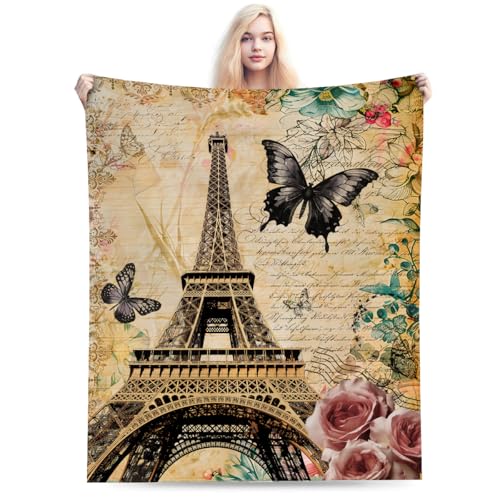 Vintage Paris Throw Blanket, Floral Eiffel Tower French Cityscape European Culture Element Warm Cozy Flannel Soft Blanket for Couch Chair Sofa Bed Bedroom Living Room Car for All Season 30"x 40" - color: Country06, size: 30X40 inch