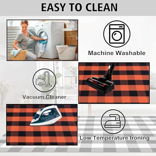 Orange and Black Plaid Rug, 24'' x 51'' Fall Outdoor Front Door Decor Mat, Cotton Washable Hand-Woven Rug for Layered Doormat, Autumn Halloween Thanksgiving Carpet for Porch, Entryway - color: Orange & Black Plaid, size: 2' x 4'3" (Rectangular)
