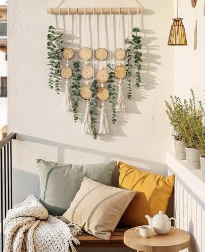 Artificial Eucalyptus Wall Hanging, Fake Greenery Leaves Stems with Wood Slices Wall Hanging Plants on Wooden Stick, Boho Wall Art Decorative for Bathroom, Living Room, Bedroom, Dining Room